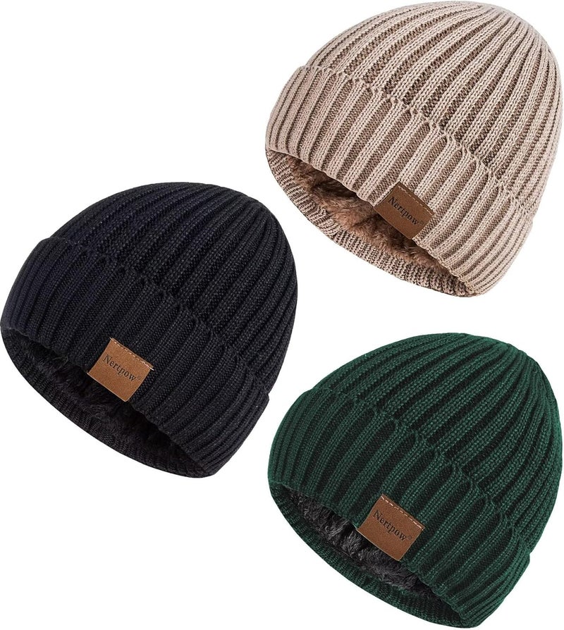 Nertpow Mens Beanie Hats 3 Pack, Winter Hats for Men Women Warm Thermal Fleece Lined, Thick Knit Fashion Skull Cap for Guys - Image 1